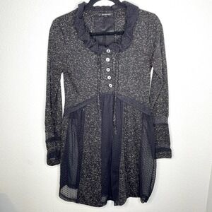 Akela Key Black Flowy Button Up Long Sleeve Tunic Lace Babydoll Top Shirt Size 4